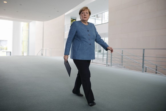 German Chancellor Angela Merkel arrives for a statement about latest developments in the case of Russian opposition leader Alexei Navalny at the chancellery in Berlin, Germany, Wednesday, Sept. 2, 202 ...