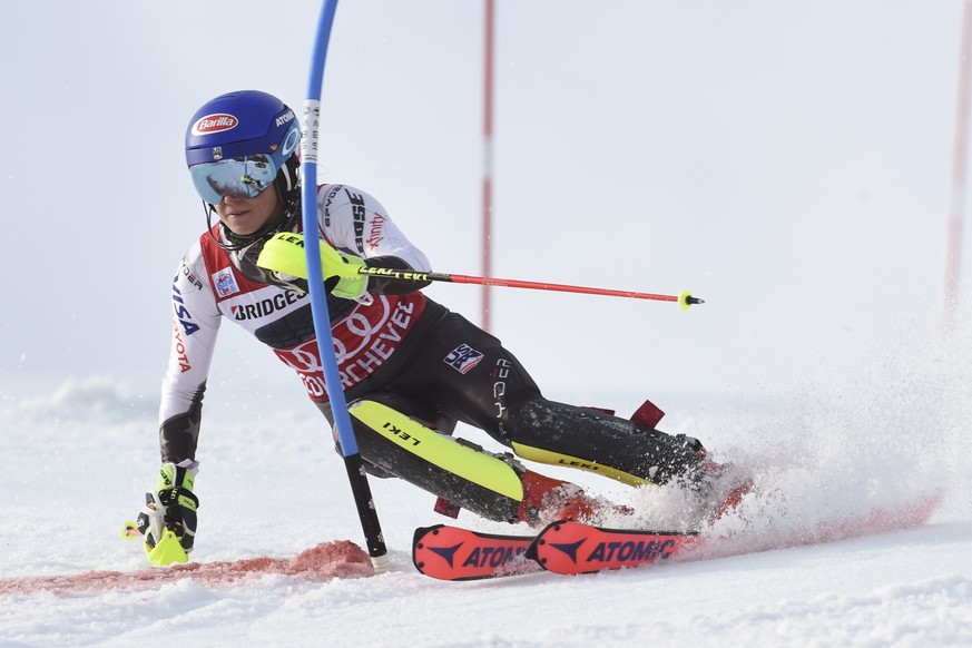 United States&#039; Mikaela Shiffrin speeds down the course during a ski World Cup women&#039;s Slalom race, in Courchevel, France, Saturday, Dec. 22, 2018. (AP Photo/Marco Tacca)