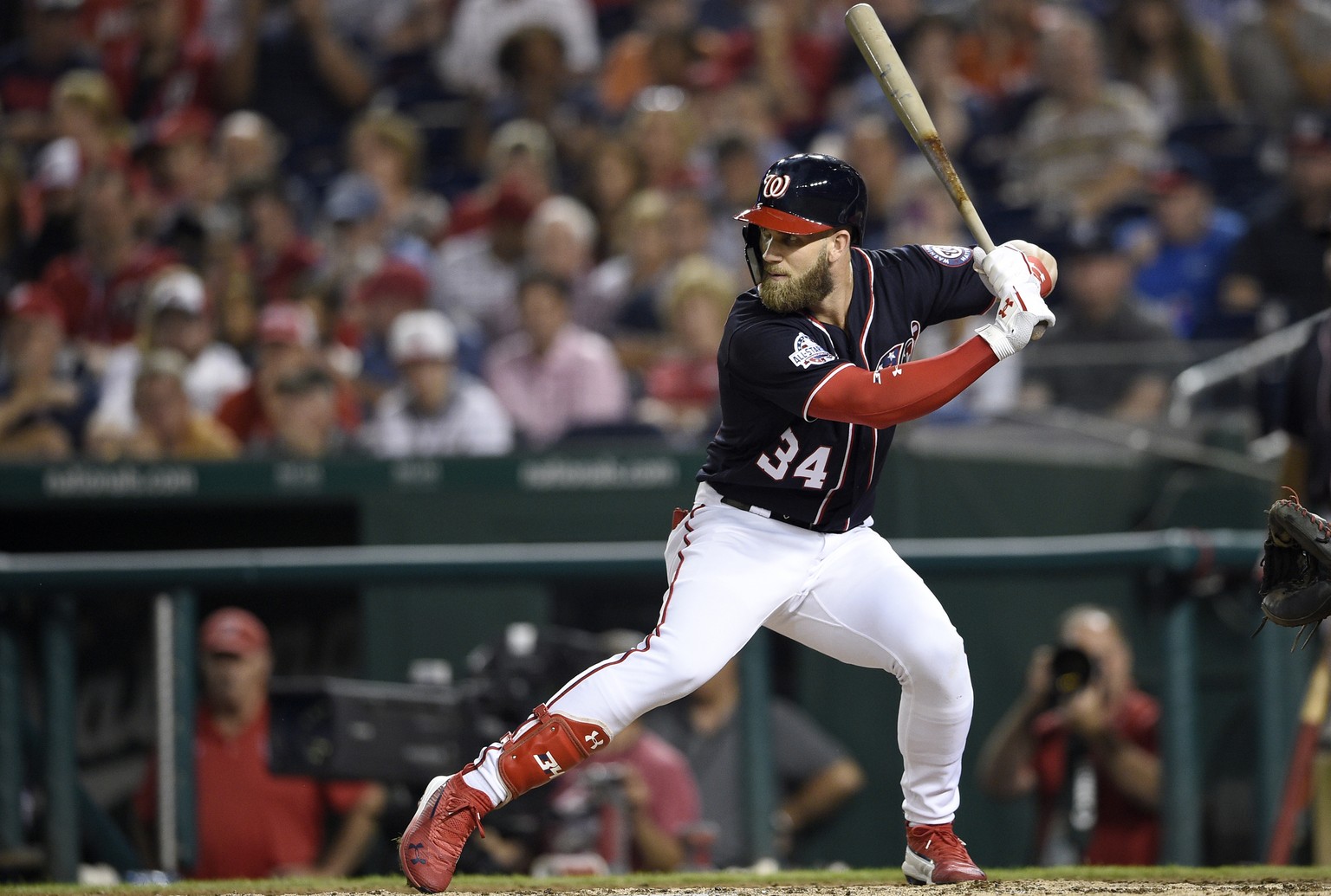 FILE - In this Sept. 21, 2018, file photo, Washington Nationals&#039; Bryce Harper bats during a baseball game against the New York Mets, in Washington. A person familiar with the negotiations tells T ...