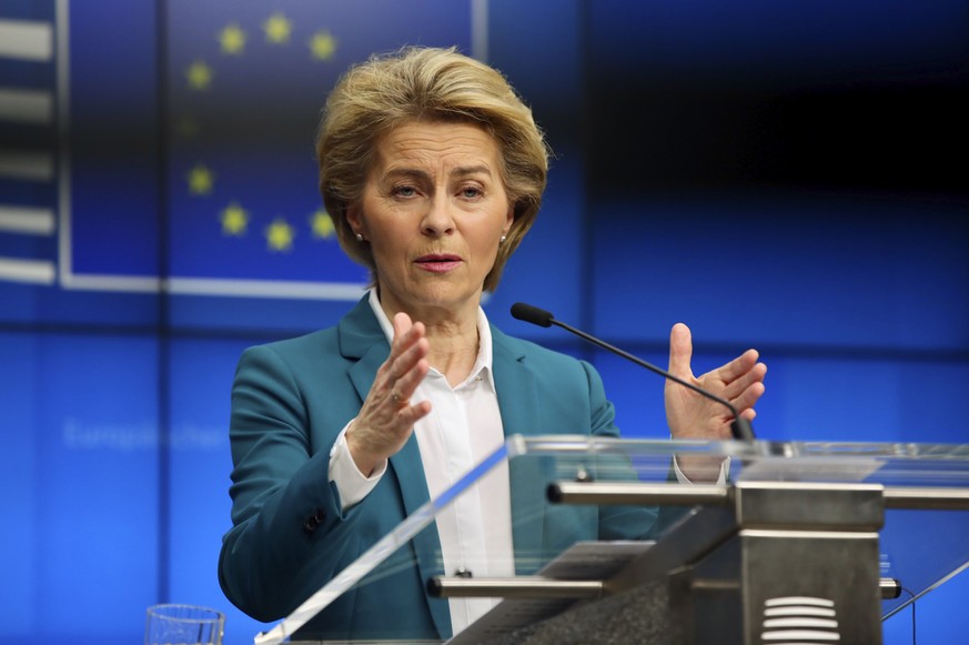 European Commission President Ursula von der Leyen addresses the media after a video-conference with G7 leaders at the European Council building in Brussels, Monday, March 16, 2020. European Commissio ...
