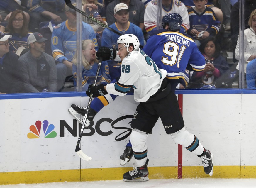 San Jose Sharks right wing Timo Meier (28), of Switzerland, checks St. Louis Blues right wing Vladimir Tarasenko (91), of Russia, during the first period in Game 6 of the NHL hockey Stanley Cup Wester ...