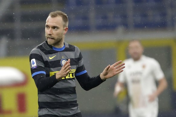 Inter Milan&#039;s Christian Eriksen reacts after a goal against Benevento during a Serie A soccer match between Inter Milan and Benevento at the San Siro stadium in Milan, Italy, Saturday, Jan. 30, 2 ...
