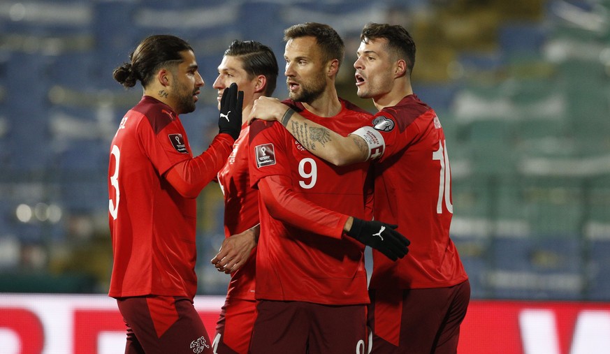 Switzerland &#039;s team celebrates Haris Seferovic&#039;s goal during the World Cup 2022 group C qualifying soccer match between Bulgaria and Switzerland at Vassil Levski stadium, in Sofia, Thursday  ...