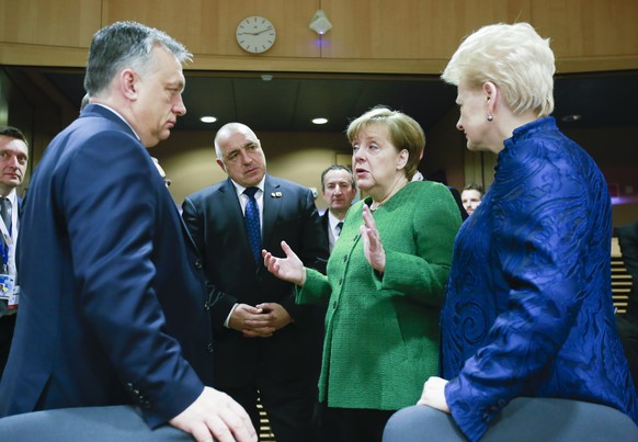 epa07207860 (FILE) - (L-R) Hungarian Prime Minister Viktor Orban, Bulgarian Prime Minister Bokyo Borissov, German Chancellor Angela Merkel and Lithuanian President Dalia Grybauskaite talk during a Hig ...