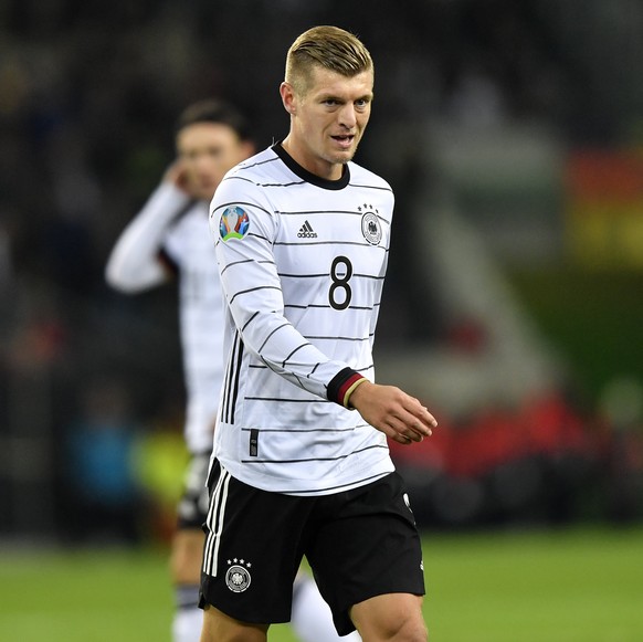 FILE - In this Saturday, Nov. 16, 2019 file photo, Germany&#039;s Toni Kroos plays during their Euro 2020 group C qualifying soccer match against Belarus in Moenchengladbach, Germany. Kroos on Wednesd ...