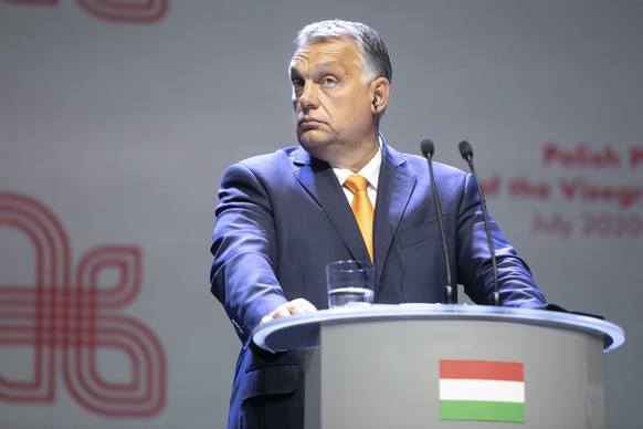 epa08661809 Hungarian Prime Minister Viktor Orban speaks during a press conference after the Visegrad Group prime ministers meeting in Lublin, eastern Poland, 11 September 2020. Visegrad Group PM&#039 ...