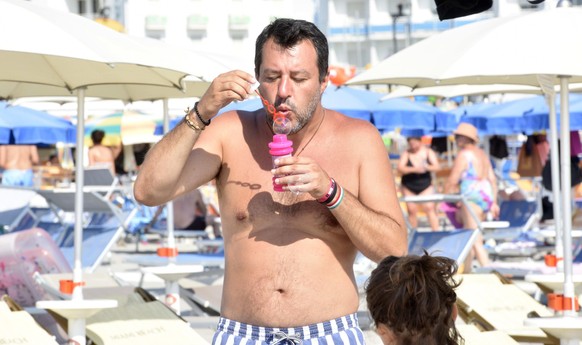 epa08578906 League party leader Matteo Salvini on the beach of Papeete, the seaside resort of Milano Marittima near Ravenna, Italy, 01 August 2020, where he resigned at the beginning of August 2019 as ...
