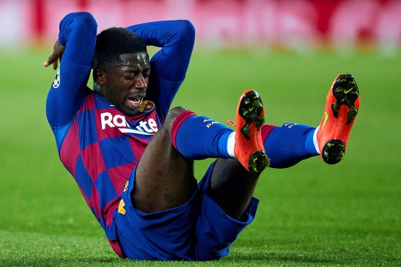epa07974894 FC Barcelona&#039;s winger Ousmane Dembele reacts during the UEFA Champions League group F between FC Barcelona and Slavia Prague at Camp Nou stadium in Barcelona, Catalonia, Spain, 05 Nov ...
