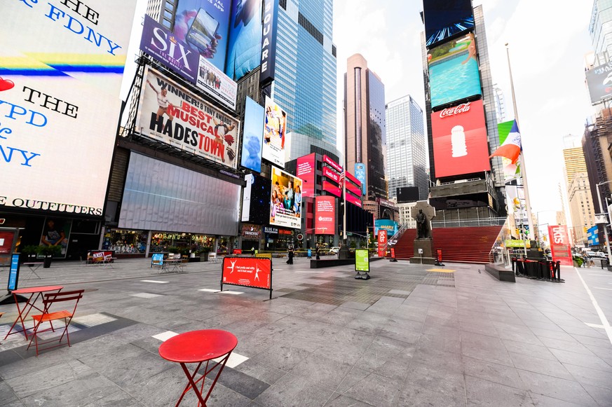 NEW YORK, NEW YORK - AUGUST 27: Times Square sits empty as the city continues Phase 4 of re-opening following restrictions imposed to slow the spread of coronavirus on August 27, 2020 in New York City ...