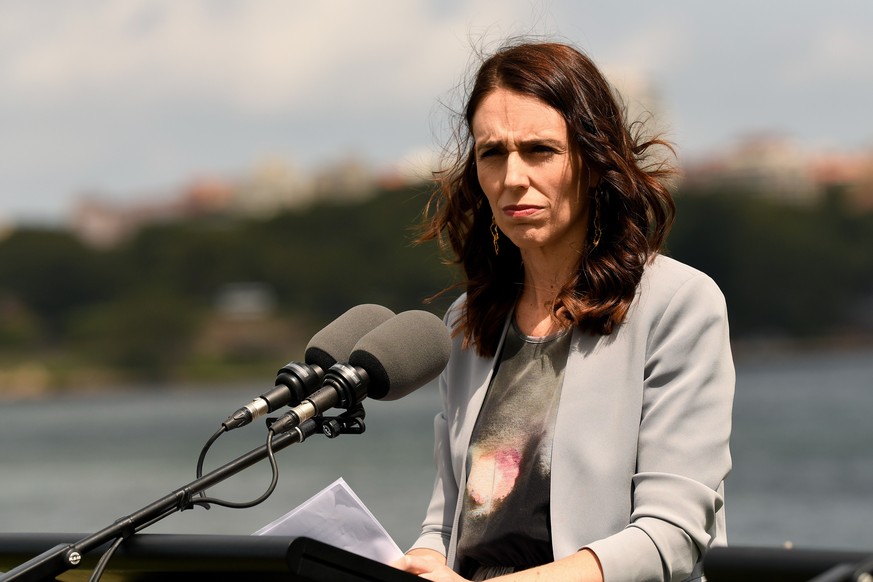 epa08401784 (FILE) - New Zealand Prime Minister Jacinda Ardern attends a press conference with Australian Prime Minister Scott Morrison (not pictured) at Admiralty House in Sydney, Australia, 28 Febru ...