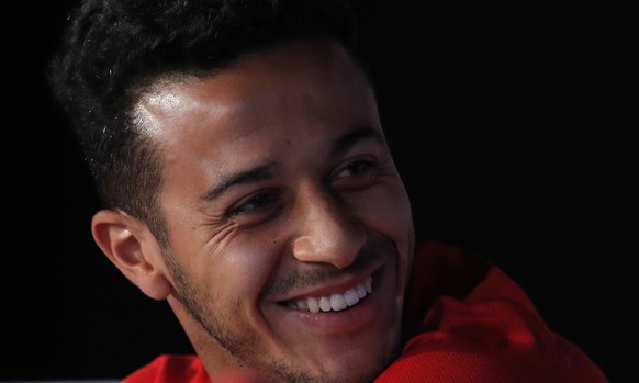 Spain&#039;s Thiago Alcantara smiles during a press conference at the Sports Complex Marcel Gaillard in Saint Martin de Re in France, Saturday, June 25, 2016. Spain will face Italy in a Euro 2016 roun ...