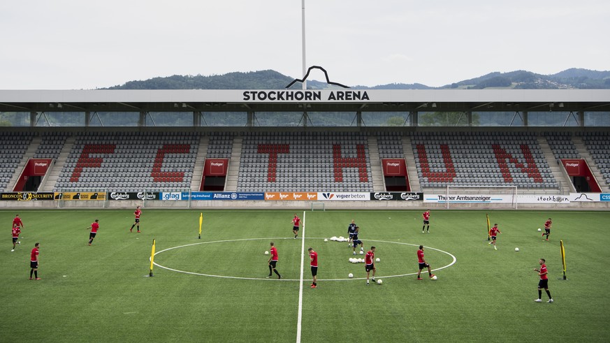 FC Thun Spieler in Aktion waehrend des ersten Trainings von FC Thun, am Freitag, 14. Juni 2019 in der Stockhorn Arena in Thun. (KEYSTONE/Anthony Anex)