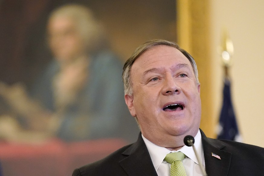 Secretary of State Mike Pompeo speaks during a news conference to announce the Trump administration&#039;s restoration of sanctions on Iran, Monday, Sept. 21, 2020, at the U.S. State Department in Was ...