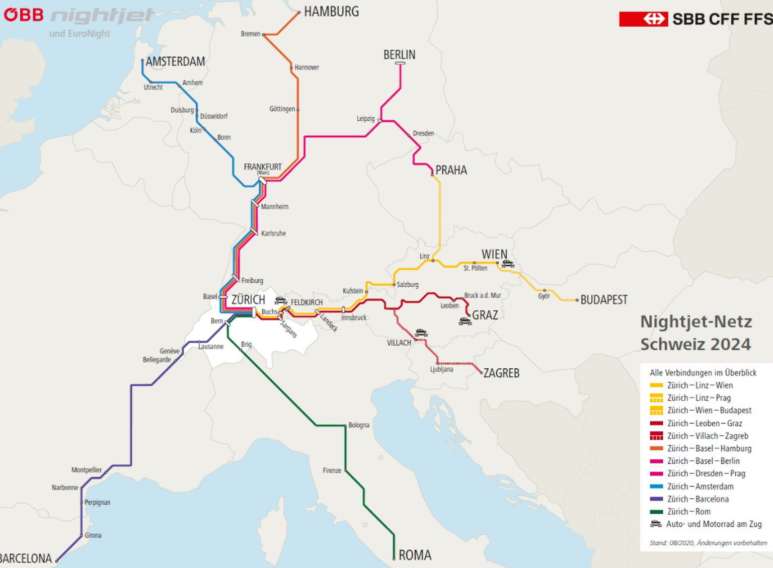 So soll das Nachtzugnetz von SBB und ÖBB 2024 aussehen.