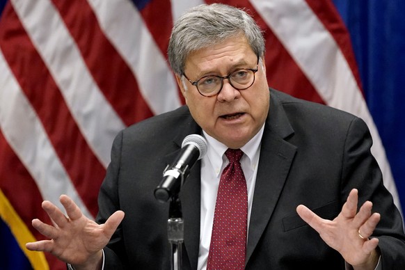 FILE - In this Oct. 15, 2020, file photo Attorney General William Barr speaks during a roundtable discussion on Operation Legend, a federal program to help cities combat violent crime in St. Louis. At ...