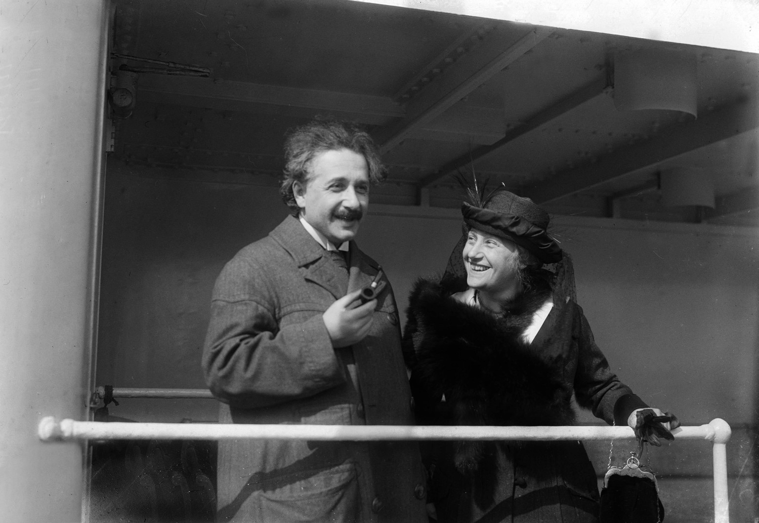 Albert Einstein (1879-1955) with his 2nd wife Elsa Lowenthal Einstein aboard a ship in April 1921. (Photo by APIC/Getty Images)