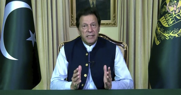 In this image made from UNTV video, Imran Khan, Prime Minister of Pakistan, speaks in a pre-recorded message which was played during the 75th session of the United Nations General Assembly, Friday, Se ...