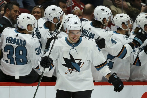 San Jose Sharks right wing Timo Meier smiles after scoring a goal against the Arizona Coyotes during the second period of an NHL hockey game Saturday, Nov. 30, 2019, in Glendale, Ariz. (AP Photo/Ross  ...