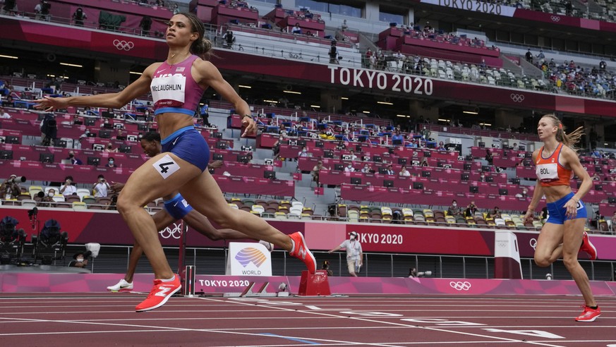 Sydney McLaughlin, of the United States, wins the women&#039;s 400-meter hurdles final at the 2020 Summer Olympics, Wednesday, Aug. 4, 2021, in Tokyo, Japan. (AP Photo/Petr David Josek)