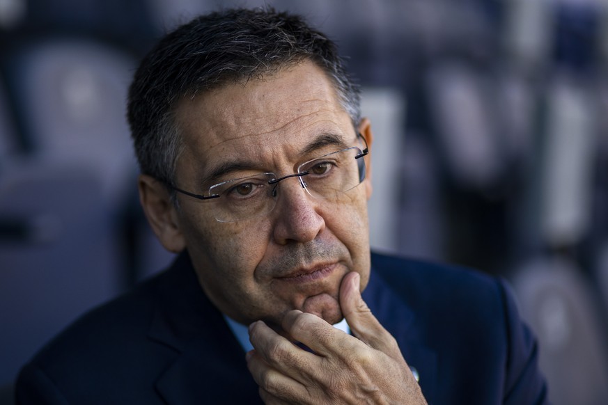 In this Friday, Nov. 8, 2019, photo, President of FC Barcelona Josep Bartomeu pauses during and interview with the Associated Press at the Camp Nou stadium in Barcelona, Spain. Bartomeu told The Assoc ...