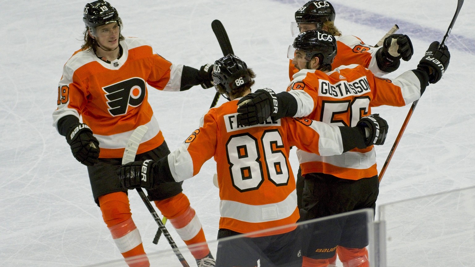 PHILADELPHIA, PA - JANUARY 13: Philadelphia Flyers Center Nolan Patrick 19 celebrates his goal during the game between the Pittsburg Penquins and the Philadelphia Flyers on January 13, 2021 at Wells F ...