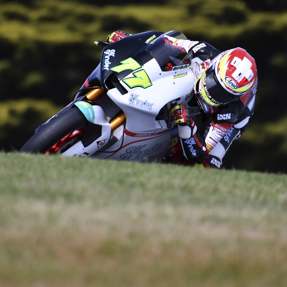 Switzerland&#039;s Moto2 rider Dominique Aegerter steers his Suter during the second practice session for the Australian Motorcycle Grand Prix at Phillip Island near Melbourne, Australia, Friday, Oct. ...
