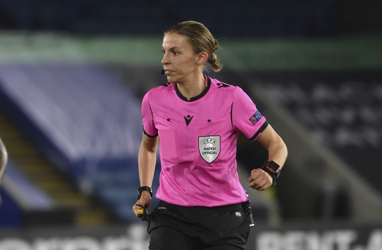 French referee Stephanie Frappart officiates during the Europa League Group G soccer match between Leicester City and Zorya Luhansk at the King Power Stadium in Leicester, England, Thursday, Oct. 22,  ...