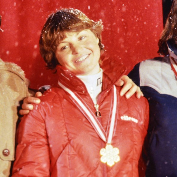 Ski WM 1982, Kombination Damen: Perrine PELEN (FRA), Erika HESS (SUI), Christin COOPER (USA) SKI ALPIN SAISON 81/82 WM 1982 Schladming Kombination Damen 31.01.1982 Perrine PELEN (FRA), Erika HESS (SUI ...