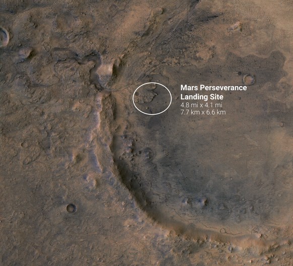 The white circle near the center of this image of Mars represents the location where NASA’s Perseverance rover is expected to land on Feb. 18, 2021.
https://mars.nasa.gov/resources/25491/perseverance- ...