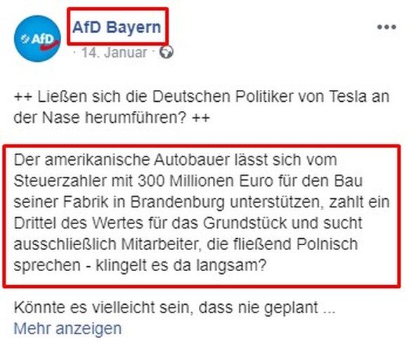So macht die AfD Bayern auf Facebook gegen Tesla mobil.
