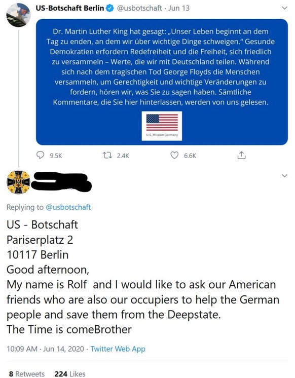 Die US-Botschaft in Berlin bekam Tausende solcher Tweets.