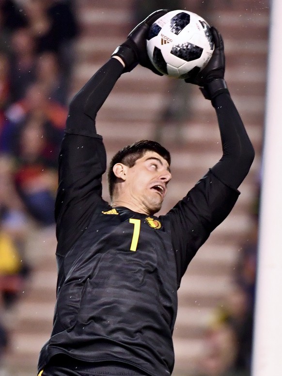 Belgium&#039;s goalkeeper Thibaut Courtois saves a shot on goal during a friendly soccer match between Belgium and Portugal at the King Baudouin stadium in Brussels, Saturday, June 2, 2018. (AP Photo/ ...