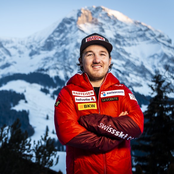 Der Schweizer Skirennfahrer Cedric Noger posiert an einem Point de Presse von Swiss-ski, am Donnerstag, 7. Januar 2021 in Adelboden. In den naechsten drei Tagen finden hier die Internationalen Weltcup ...