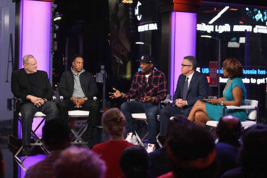 NEW YORK, NY - MARCH 08: (L-R) Harvey Weinstein, Jay Z, Michael Che, Jeffrey Toobin, and Gayle King speak onstage during TIME AND PUNISHMENT: A Town Hall Discussion with JAY Z and Harvey Weinstein on  ...