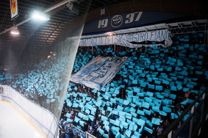 Ambri’s fans before the preliminary round game of National League Swiss Championship 2018/19 between HC Ambri Piotta and HC Lugano, at the Valscia stadium in Ambri, Switzerland, Saturday, December 08, ...
