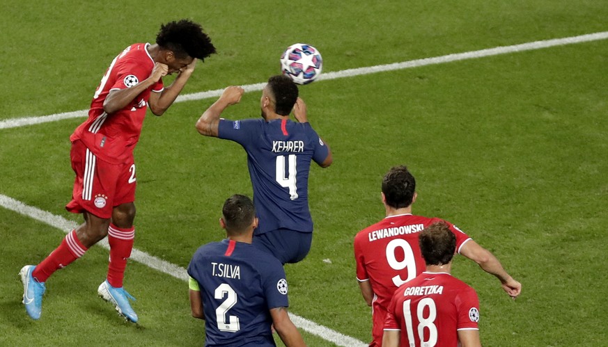 epa08620726 Kingsley Coman (L) of Bayern scores the opening goal during the UEFA Champions League final between Paris Saint-Germain and Bayern Munich in Lisbon, Portugal, 23 August 2020. EPA/Manu Fern ...