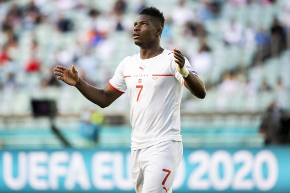 Switzerland&#039;s forward Breel Embolo, reacts during the Euro 2020 soccer tournament group A match between Wales and Switzerland at the Olympic stadium, in Baku, Azerbaijan, Saturday, June 12, 2021. ...