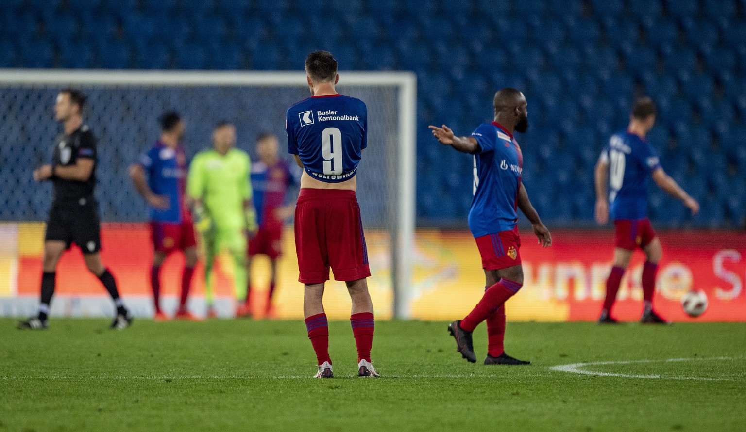 epa08714152 Basel players react after the UEFA Europa League playoff soccer match between the FC Basel and CSKA Sofia at the St. Jakob Park Stadium in Basel, Switzerland, 01 October 2020. EPA/URS FLUE ...