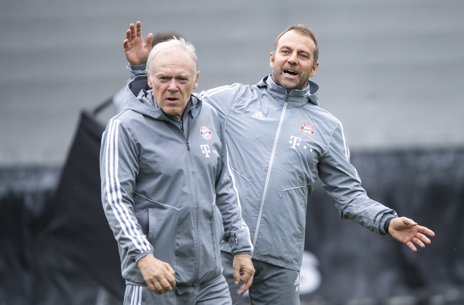 epa07973868 Bayern&#039;s interim coach Hansi Flick (R) and assistant coach Herman Gerland (L) attend a training session at the Club&#039;s training ground in Munich, Germany, 05 November 2019. Bayern ...