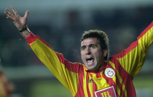 Galatasaray&#039;s Romanian midfielder Gheorghe Hagi rejoices after he scored a goal against AC Milan during their soccer Champions League group B match in Istanbul on Wednesday, March 7, 2001. (KEYST ...