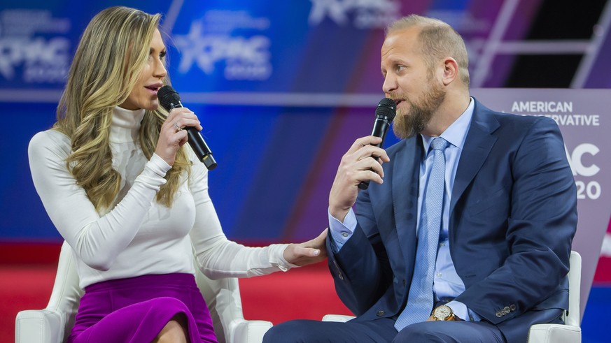 epa08255954 Brad Parscale (R), campaign manager for Trump&#039;s 2020 re-election campaign, and Lara Trump (L), the wife of Eric Trump, speak at the 47th annual Conservative Political Action Conferenc ...