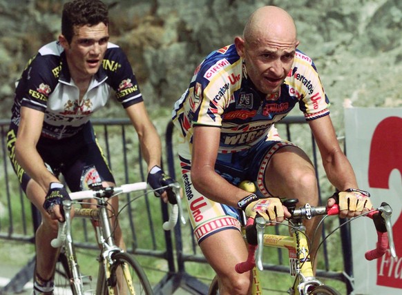 Italian Marco Pantani, right, leads Frenchman Richard Virenque during the last climb of the 10th stage between Luchon and Andorra, Tuesday July 15, 1997. German Jan Ullrich won the stage to become the ...