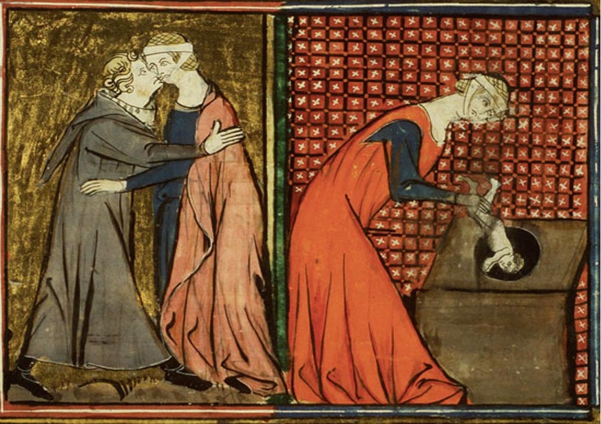 Ein Mönch verführt eine Nonne, sie wird schwanger und wirft ihr Baby in den Abort.&nbsp; Darstellung aus dem Jahr 1327.