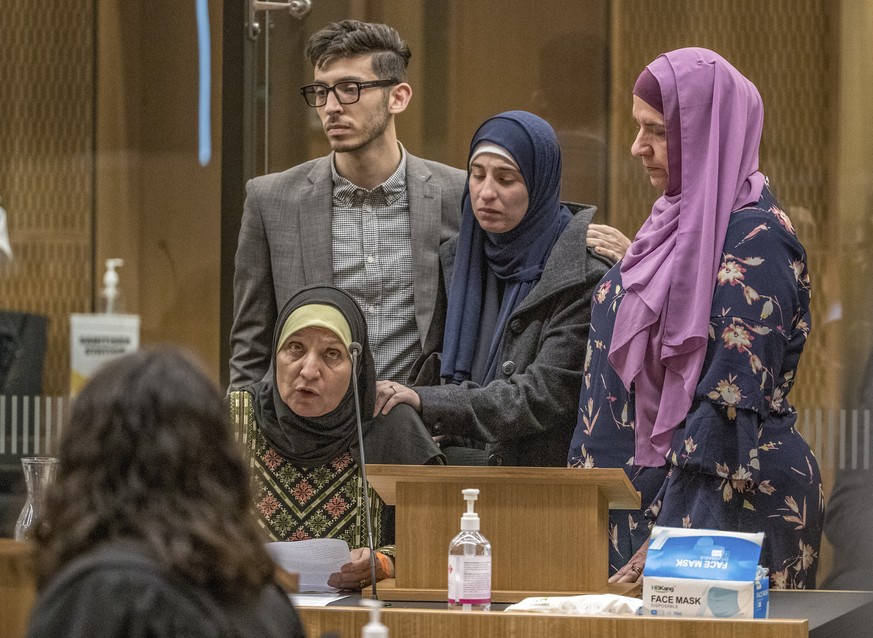 Maysoon Salama, mother of a Mosque shooting victim, with her family, speaks to shooter 29-year-old Australian Brenton Harrison Tarrant at the Christchurch High Court for sentencing after pleading guil ...