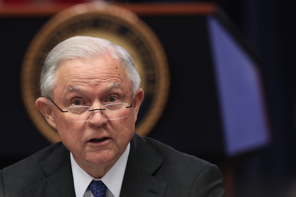 Attorney General Jeff Sessions speaks during a round table discussion with the Joint Interagency Task Force - South&#039;s (JIATF-S) Foreign Liaison Officers at the Department of Justice building in W ...
