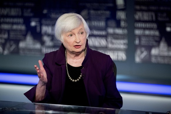 Former Fed Chair Janet Yellen speaks with FOX Business Network guest anchor Jon Hilsenrath in the Fox Washington bureau, Wednesday, Aug. 14, 2019, in Washington. The interview will air this Friday at  ...