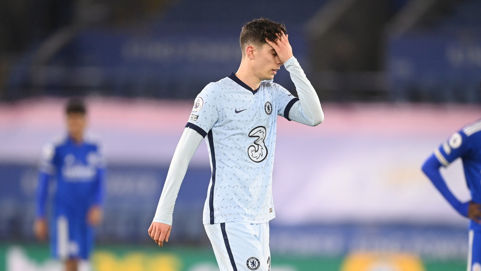 Chelsea&#039;s Kai Havertz reacts during the English Premier League soccer match between Leicester City and Chelsea at the King Power Stadium in Leicester, England, Tuesday, Jan. 19, 2021.Leicester Ci ...