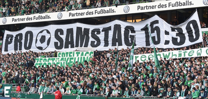 epa05287250 Fans of Werder Bremen mounted a protest banner reading &#039;Pro Saturday 15:30h&#039; prior the German Bundesliga soccer match betweeen SV Werder Bremen and VfB Stuttgart at Weserstadion  ...