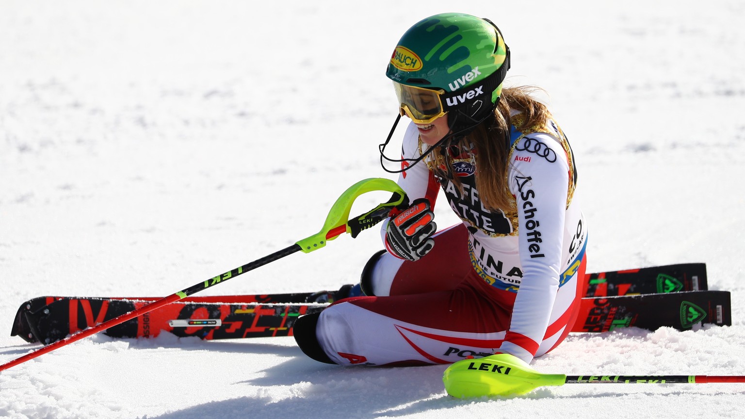 epa09025831 Winner Katharina Liensberger of Austria reacts in the finish area during the second run of the Women&#039;s Slalom race at the FIS Alpine Skiing World Championships in Cortina d&#039;Ampez ...