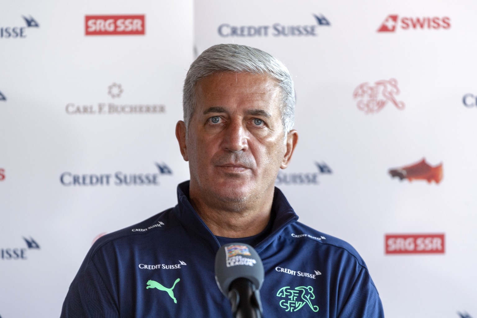 epa08648135 Switzerland&#039;s head coach Vladimir Petkovic during a press conference the day before the UEFA Nations League group 4 soccer match between Switzerland and Germany at the St. Jakob-Park  ...